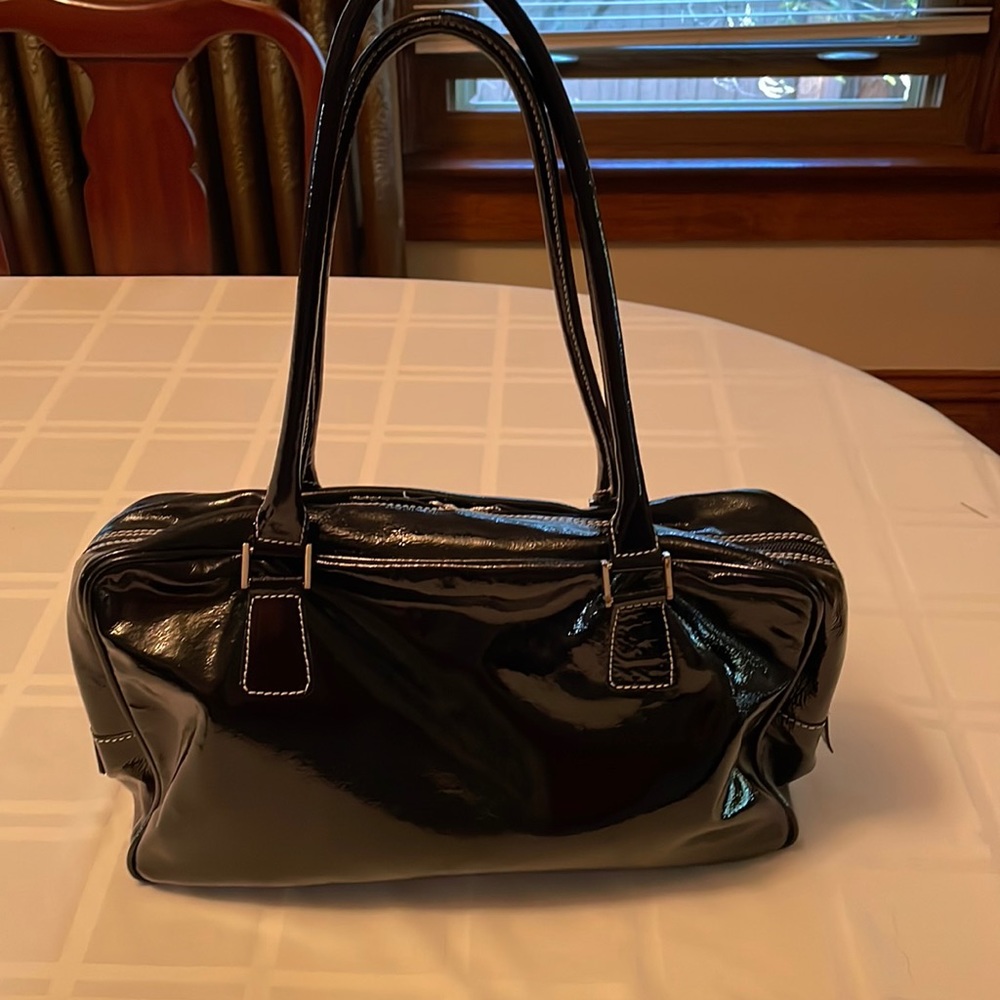 Vintage black patent leather rarely used purse with white stitching 14x8x3.5